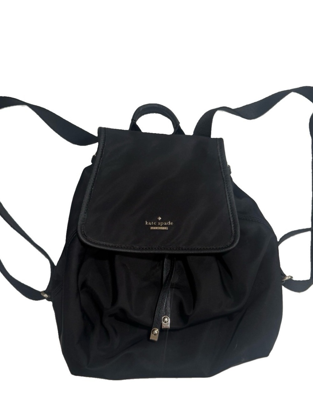 Kate Spade Carley Nylon Flap Backpack Black Drawstring Preppy Casual Athleisure
